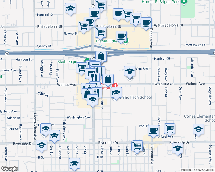 map of restaurants, bars, coffee shops, grocery stores, and more near 5385 Walnut Avenue in Chino