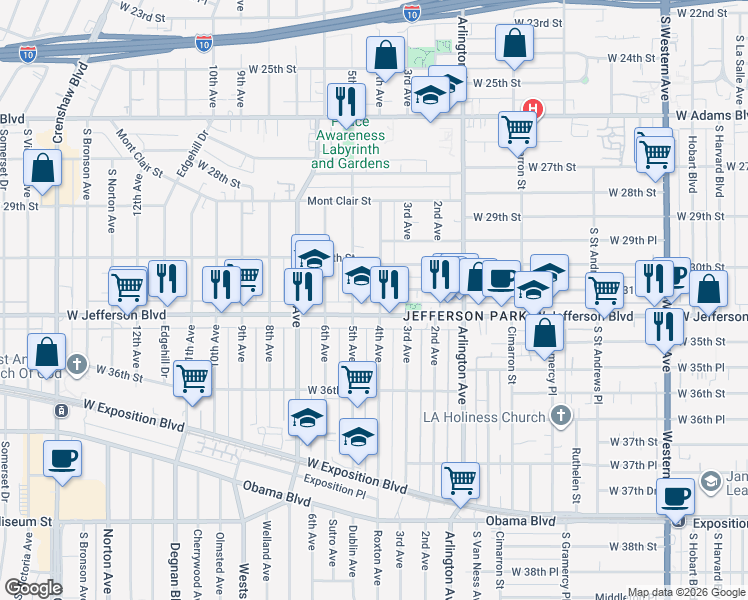 map of restaurants, bars, coffee shops, grocery stores, and more near 3111 4th Avenue in Los Angeles