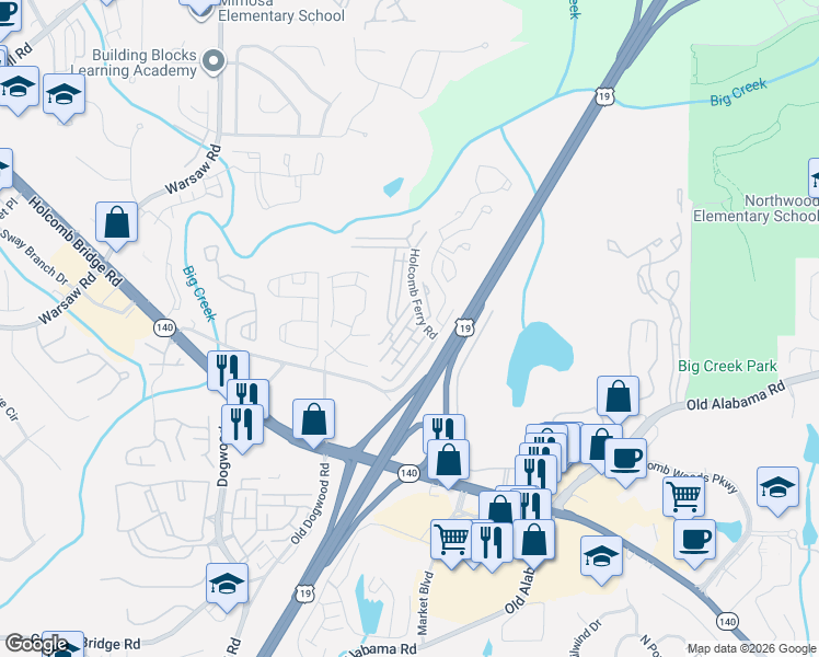 map of restaurants, bars, coffee shops, grocery stores, and more near 1056 Old Holcomb Bridge Road in Roswell