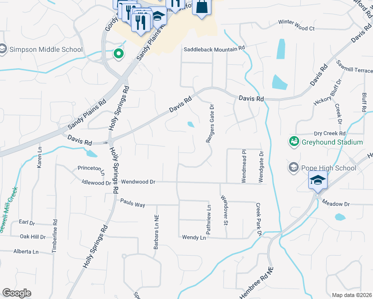 map of restaurants, bars, coffee shops, grocery stores, and more near 3237 Notty Pine Trail in Marietta