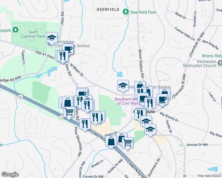 map of restaurants, bars, coffee shops, grocery stores, and more near 2982 North Main Street in Kennesaw