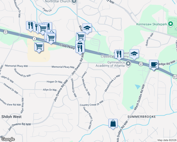 map of restaurants, bars, coffee shops, grocery stores, and more near 2991 Owens Meadow Drive Northwest in Kennesaw
