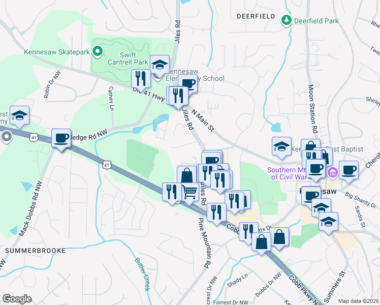 map of restaurants, bars, coffee shops, grocery stores, and more near 2756 Saint Charles Lane Northwest in Kennesaw
