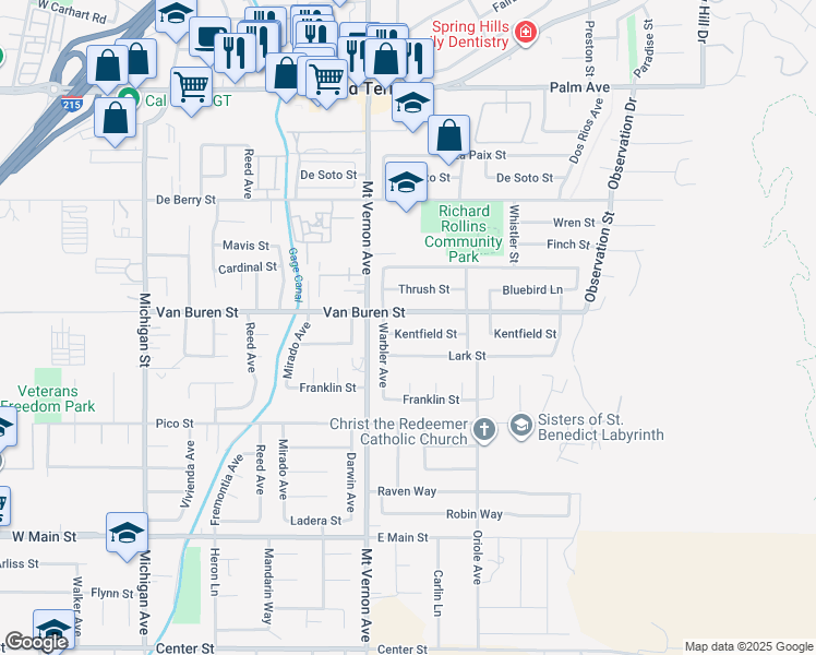 map of restaurants, bars, coffee shops, grocery stores, and more near 22574 Kentfield Street in Grand Terrace