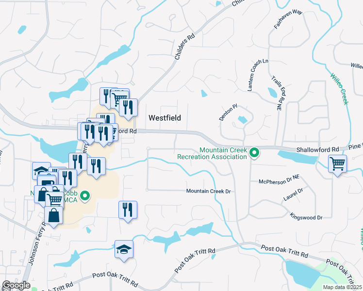 map of restaurants, bars, coffee shops, grocery stores, and more near 4548 Mountain Creek Drive in Roswell