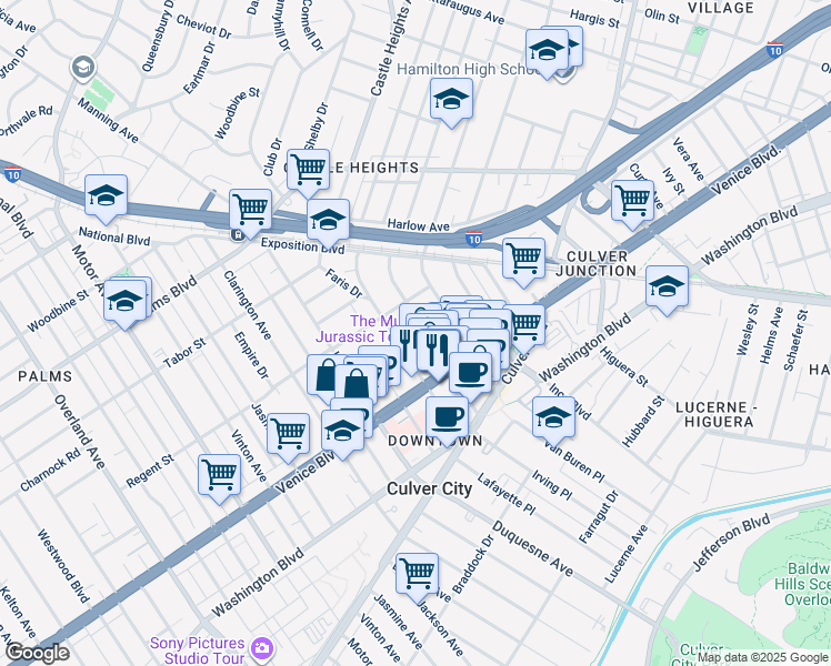 map of restaurants, bars, coffee shops, grocery stores, and more near 3730 Watseka Avenue in Los Angeles