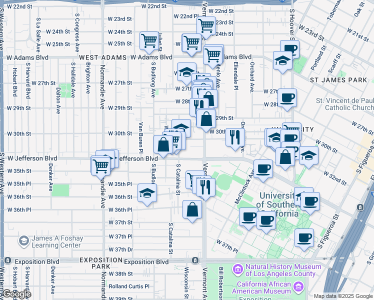 map of restaurants, bars, coffee shops, grocery stores, and more near 1344 West 31st Street in Los Angeles