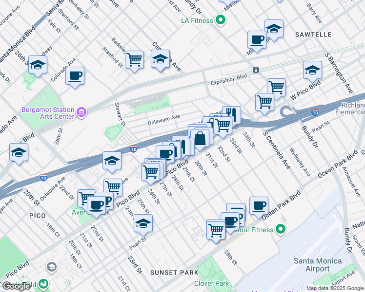 map of restaurants, bars, coffee shops, grocery stores, and more near 2937 Urban Avenue in Santa Monica