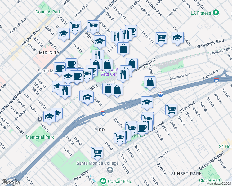 map of restaurants, bars, coffee shops, grocery stores, and more near 2319 Michigan Avenue in Santa Monica