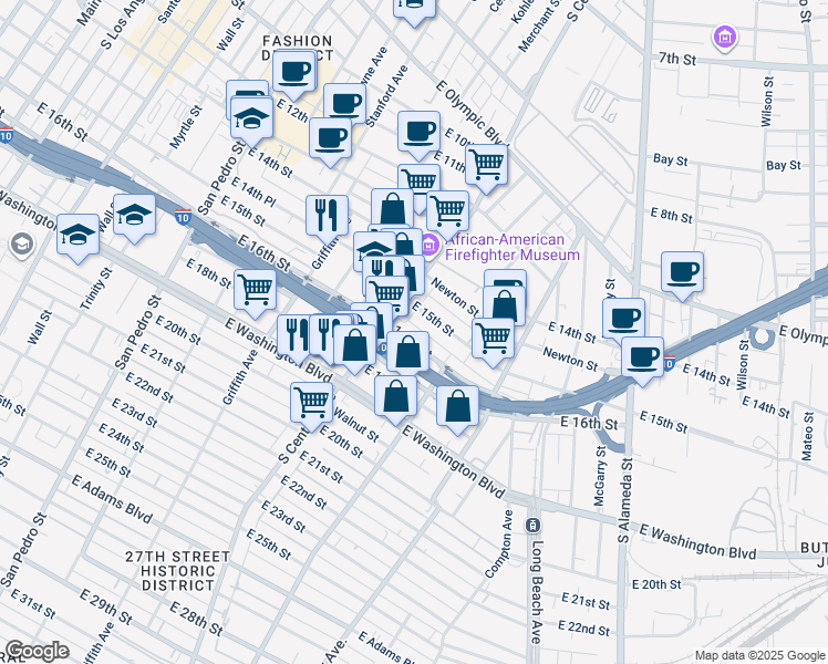 map of restaurants, bars, coffee shops, grocery stores, and more near 1322 East 16th Street in Los Angeles