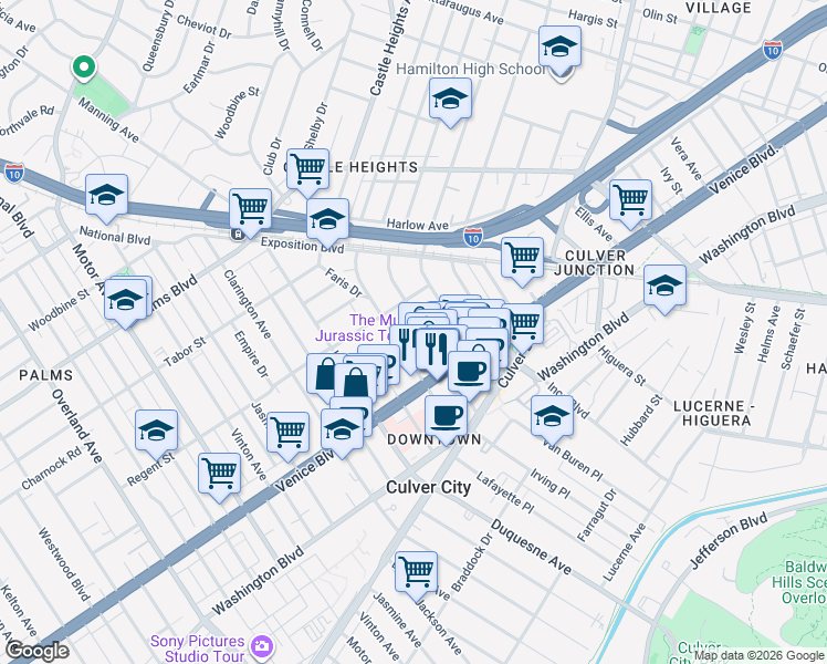 map of restaurants, bars, coffee shops, grocery stores, and more near 3730 Watseka Avenue in Los Angeles
