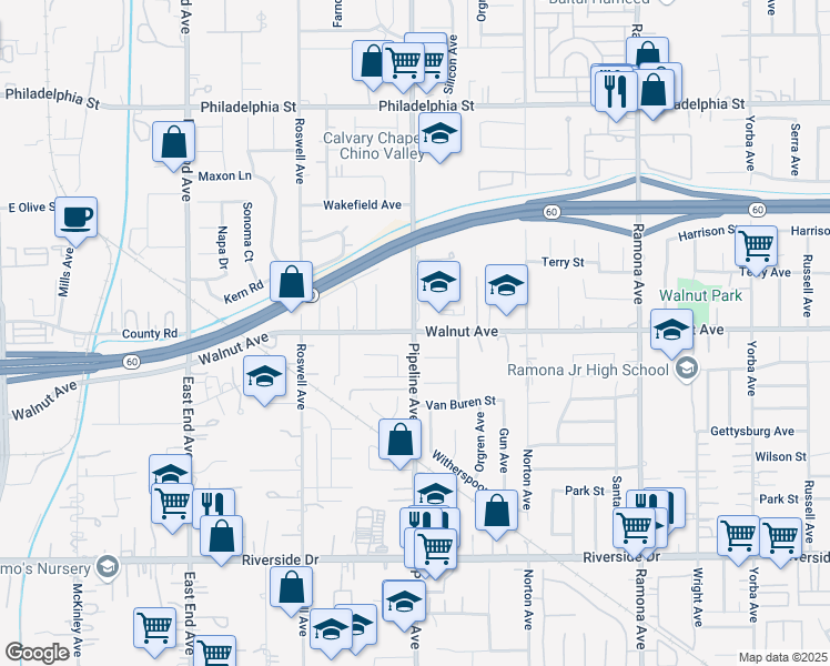 map of restaurants, bars, coffee shops, grocery stores, and more near Pipeline Ave & Walnut Ave in Chino