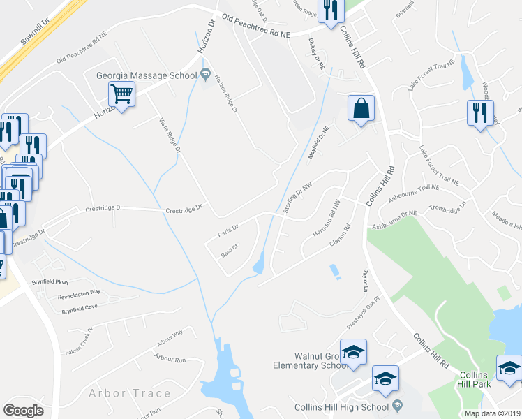 map of restaurants, bars, coffee shops, grocery stores, and more near 530 Paris Drive in Lawrenceville