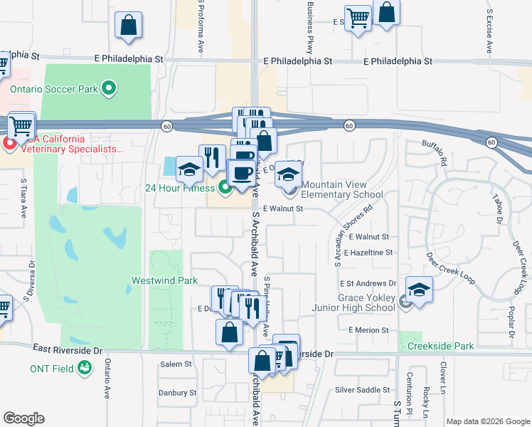 map of restaurants, bars, coffee shops, grocery stores, and more near 2728 East Walnut Street in Ontario