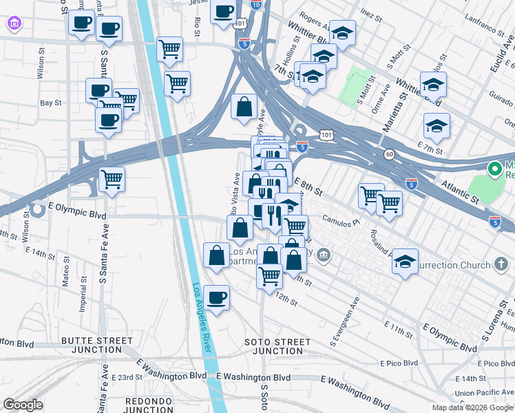 map of restaurants, bars, coffee shops, grocery stores, and more near 1311 South Boyle Avenue in Los Angeles