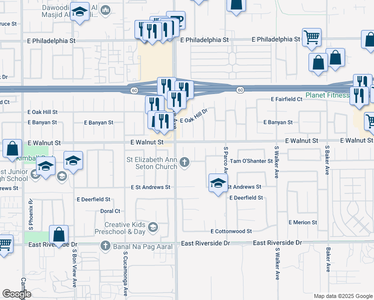map of restaurants, bars, coffee shops, grocery stores, and more near 2620 South Calaveras Place in Ontario