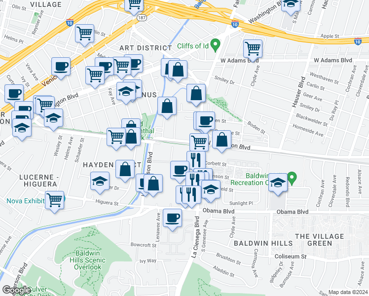 map of restaurants, bars, coffee shops, grocery stores, and more near 3401 South La Cienega Boulevard in Los Angeles