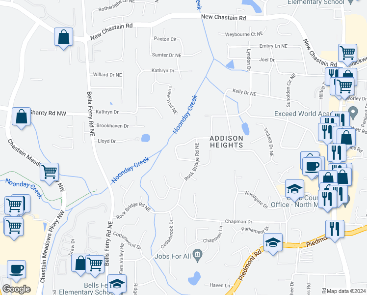 map of restaurants, bars, coffee shops, grocery stores, and more near 329 Rockmoor Trail Northeast in Marietta