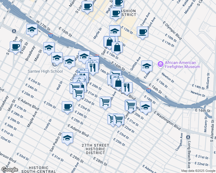 map of restaurants, bars, coffee shops, grocery stores, and more near 927 East 20th Street in Los Angeles