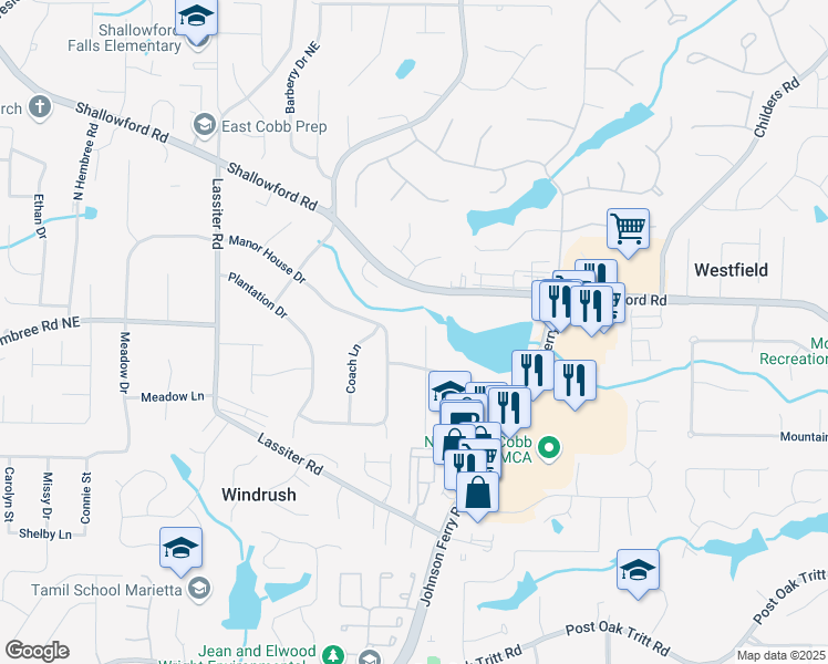 map of restaurants, bars, coffee shops, grocery stores, and more near 3120 Waterfront Circle in Marietta