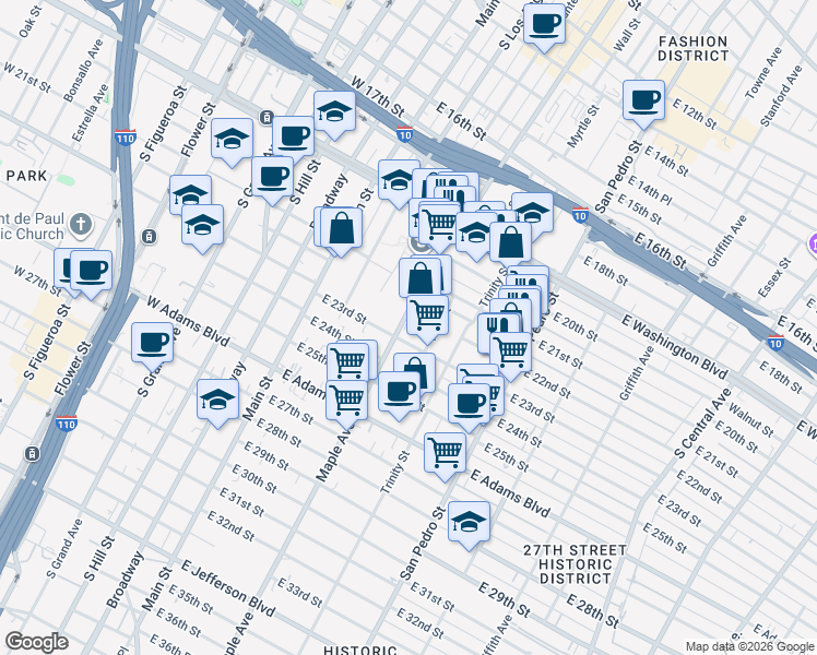 map of restaurants, bars, coffee shops, grocery stores, and more near 2250 Maple Avenue in Los Angeles