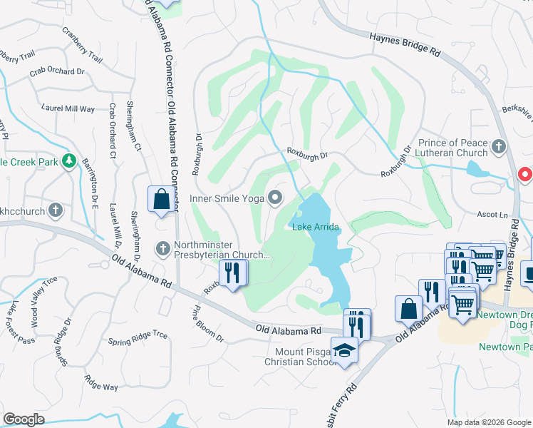 map of restaurants, bars, coffee shops, grocery stores, and more near 10130 Kinross Road in Roswell