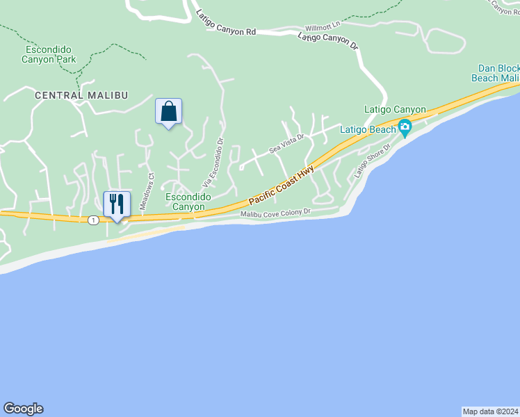 map of restaurants, bars, coffee shops, grocery stores, and more near 26960 Pacific Coast Highway in Malibu