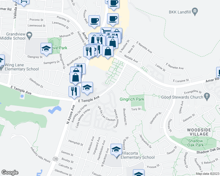 map of restaurants, bars, coffee shops, grocery stores, and more near 17350 East Temple Avenue in La Puente