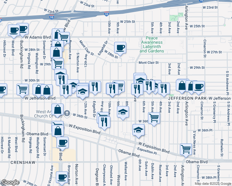 map of restaurants, bars, coffee shops, grocery stores, and more near 2911 West Jefferson Boulevard in Los Angeles