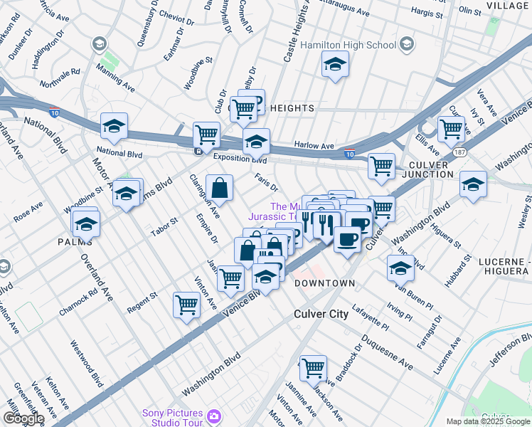 map of restaurants, bars, coffee shops, grocery stores, and more near 9815 Regent Street in Los Angeles