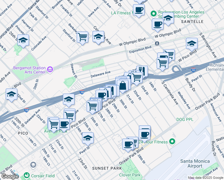 map of restaurants, bars, coffee shops, grocery stores, and more near 2937 Urban Avenue in Santa Monica