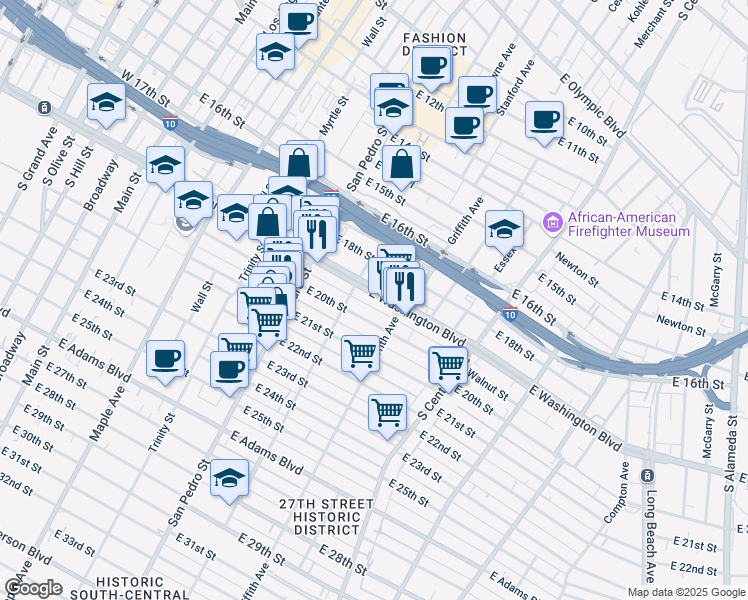 map of restaurants, bars, coffee shops, grocery stores, and more near 927 East 20th Street in Los Angeles