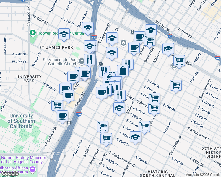 map of restaurants, bars, coffee shops, grocery stores, and more near 229 West 25th Street in Los Angeles