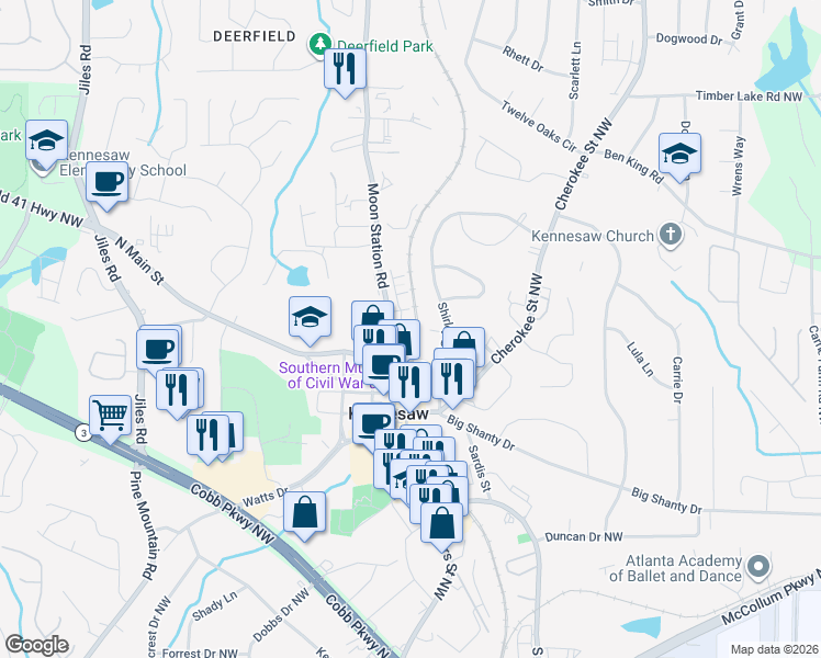 map of restaurants, bars, coffee shops, grocery stores, and more near 2962 Moon Station Road in Kennesaw