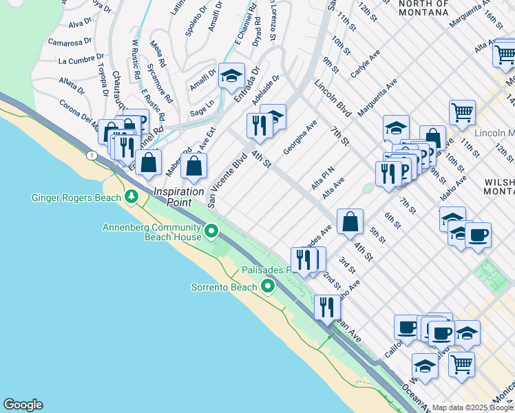 map of restaurants, bars, coffee shops, grocery stores, and more near 143 Marguerita Place North in Santa Monica
