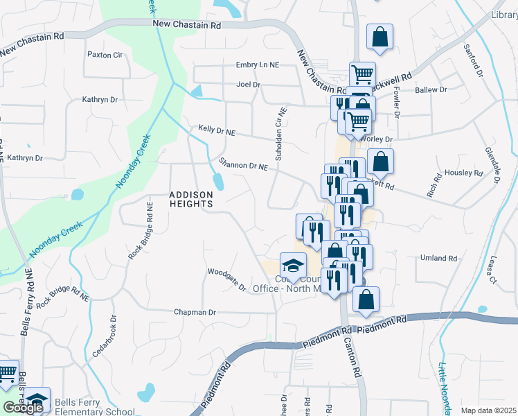 map of restaurants, bars, coffee shops, grocery stores, and more near 3178 Vickery Drive Northeast in Marietta