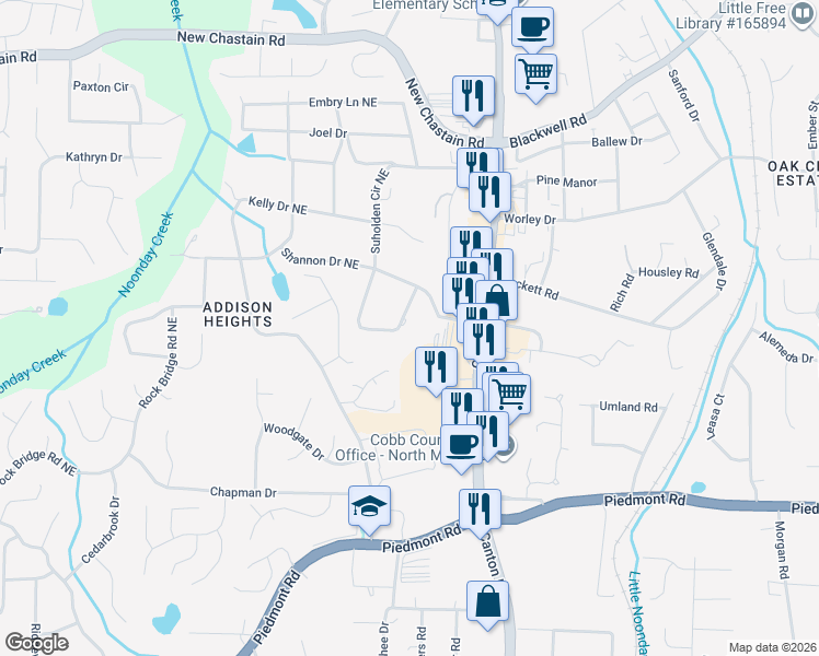 map of restaurants, bars, coffee shops, grocery stores, and more near 678 Verney Drive in Marietta