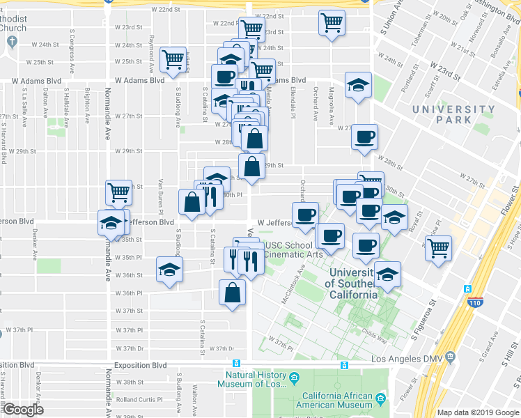 map of restaurants, bars, coffee shops, grocery stores, and more near 3100 South Vermont Avenue in Los Angeles