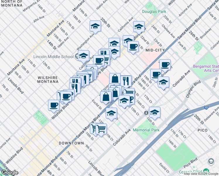 map of restaurants, bars, coffee shops, grocery stores, and more near 1307 15th Street in Santa Monica