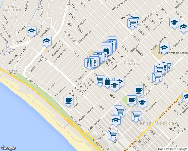 map of restaurants, bars, coffee shops, grocery stores, and more near 818 7th Street in Santa Monica