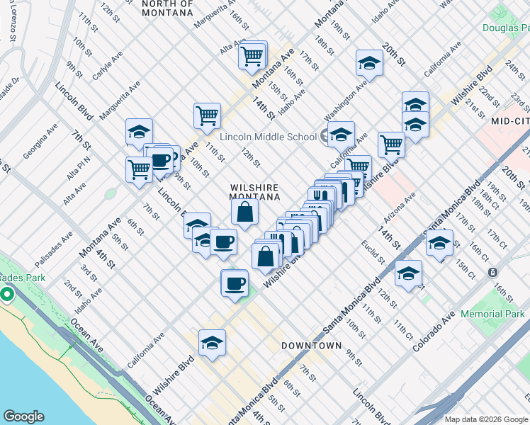 map of restaurants, bars, coffee shops, grocery stores, and more near 1038 11th Street in Santa Monica