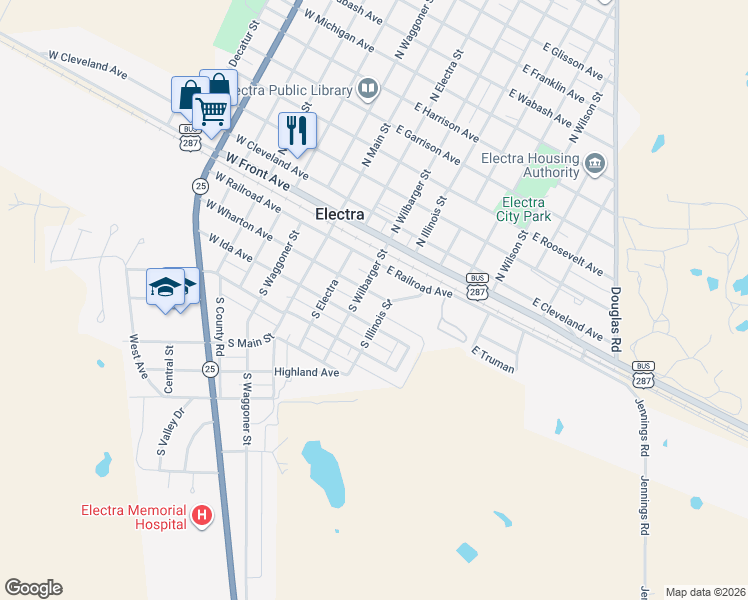 map of restaurants, bars, coffee shops, grocery stores, and more near 306 East Wharton Avenue in Electra
