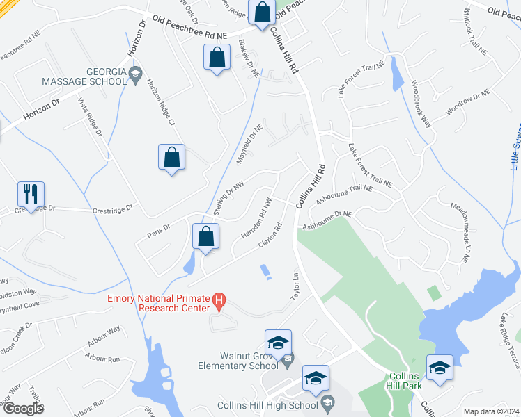 map of restaurants, bars, coffee shops, grocery stores, and more near 2672 Herndon Road Northwest in Lawrenceville