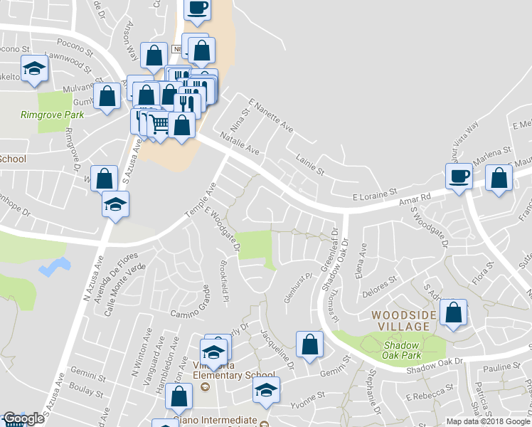 map of restaurants, bars, coffee shops, grocery stores, and more near 2707 Dawn Ridge Place in West Covina