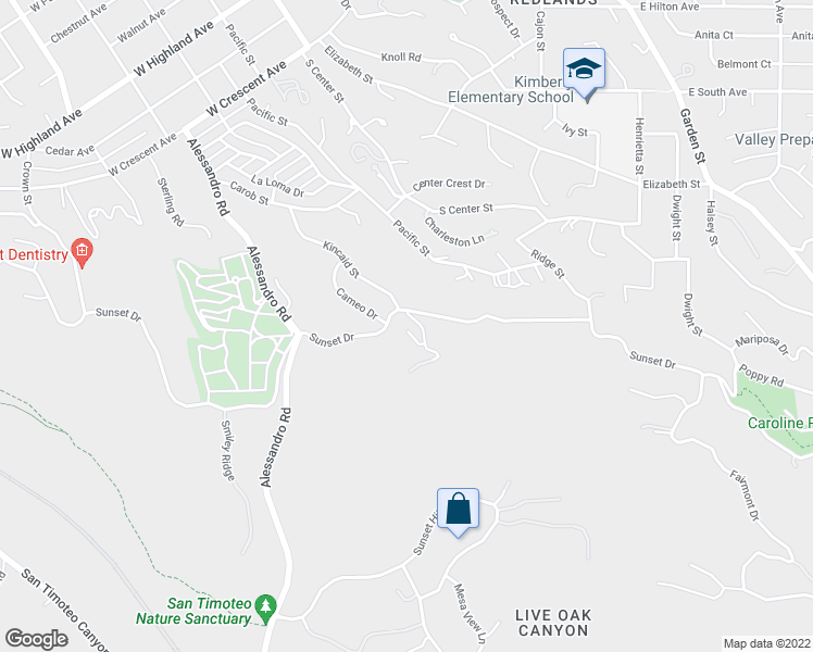 map of restaurants, bars, coffee shops, grocery stores, and more near 901 West Sunset Drive in Redlands