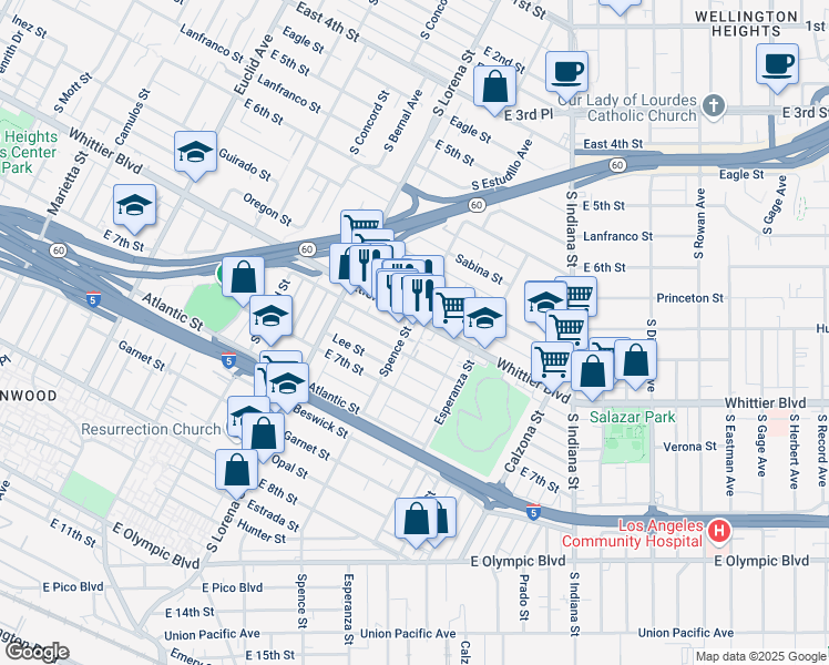 map of restaurants, bars, coffee shops, grocery stores, and more near 914 Spence Street in Los Angeles