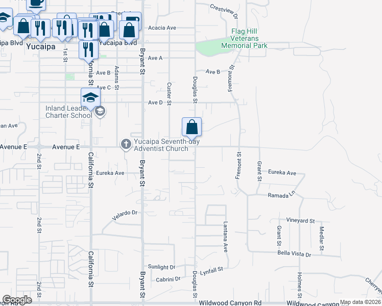 map of restaurants, bars, coffee shops, grocery stores, and more near 35450 Douglas Lane in Yucaipa