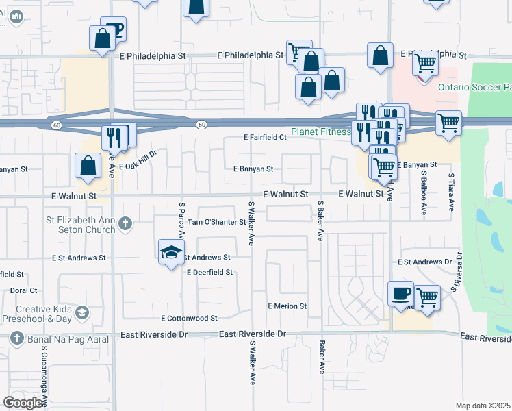map of restaurants, bars, coffee shops, grocery stores, and more near 2619 South Walker Avenue in Ontario