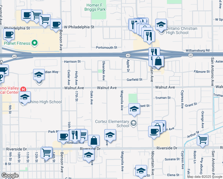 map of restaurants, bars, coffee shops, grocery stores, and more near 12515 Ross Avenue in Chino