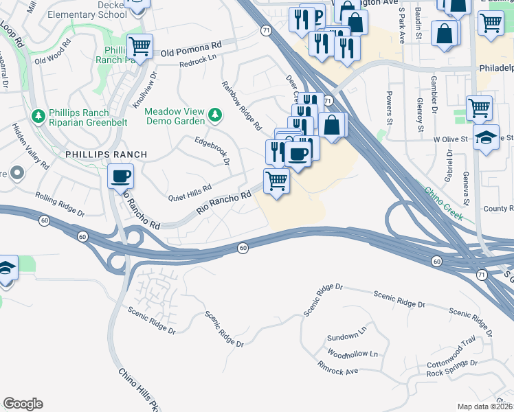 map of restaurants, bars, coffee shops, grocery stores, and more near 63 Carriage Way in Pomona